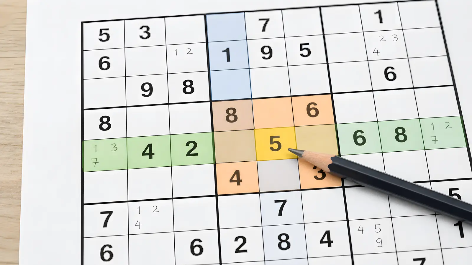 Sudoku elimination example with a highlighted cell row column and box