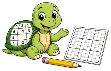 Friendly turtle mascot with a pencil and printable Sudoku grid